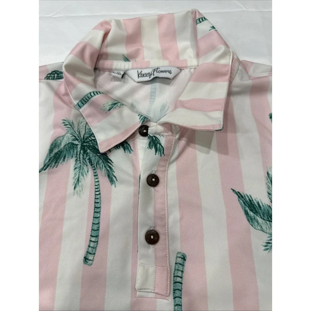 Kenny Flowers Polo Shirt Mens Sz M Pink White Palm Tree Stripe Stretch Portugal